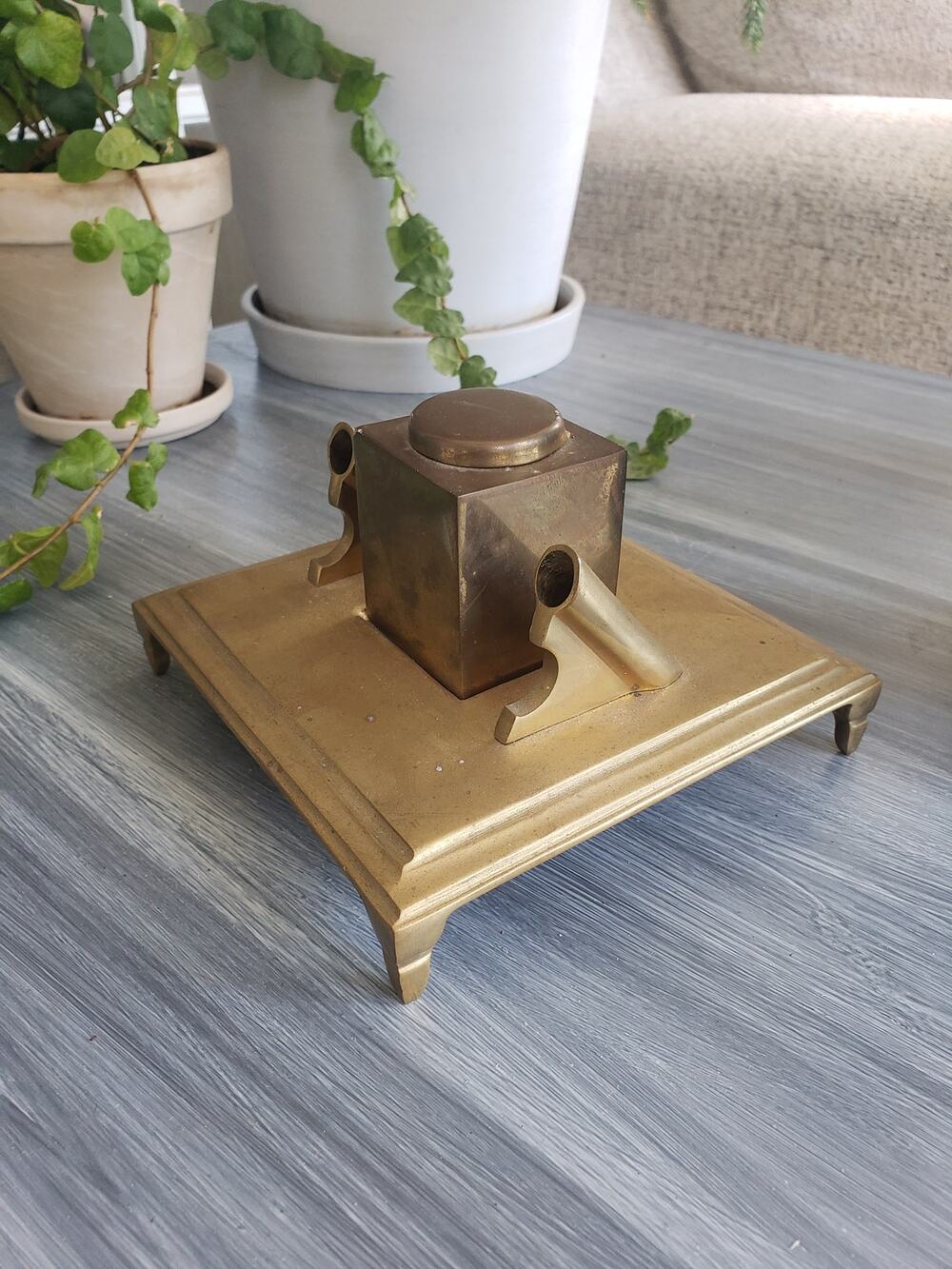 Mid Century solid brass inkwell pen desk set